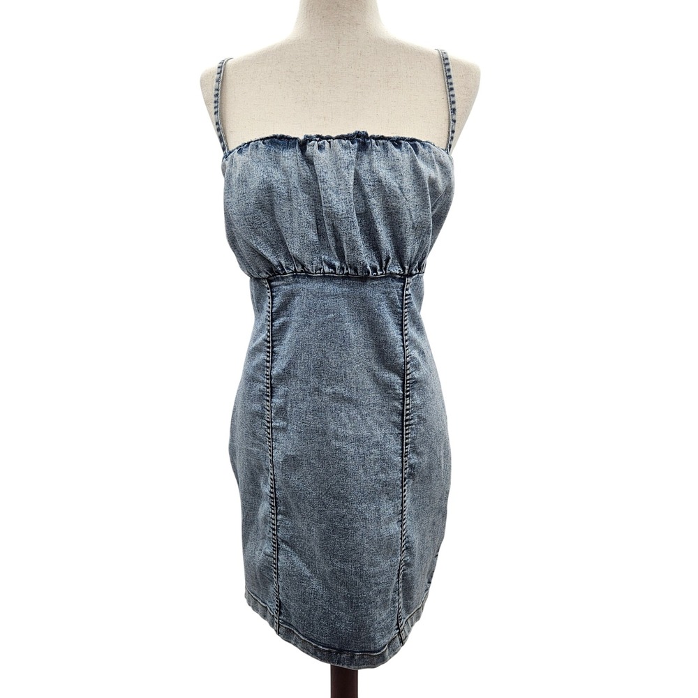 Divided H & M Denim Mini Dress Strappy Ruched Bust Zip Back‎ Blue Acid Wash L